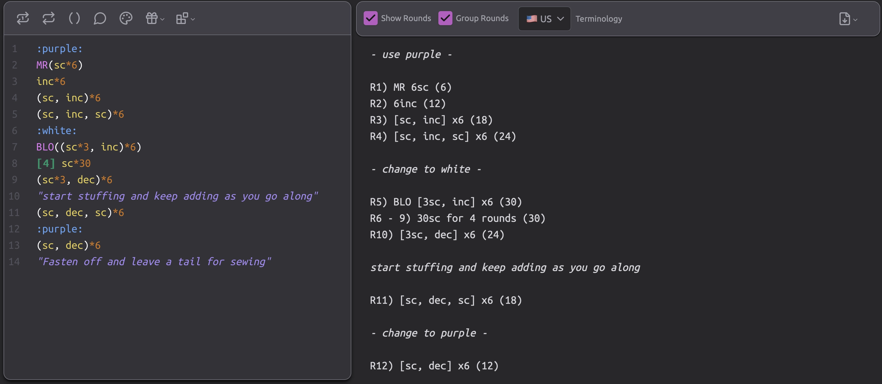 hard frogg's life crochet pattern maker with auto-generated stitch counts and round numbers for writing crochet patterns